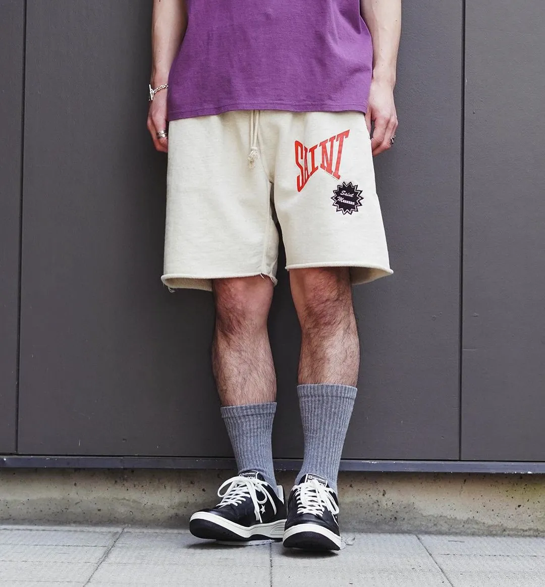 SAINT Mxxxxxx 'SAINT' SWEAT SHORTS/GRY/BLK embroidered SAINT LOGO basic shorts, distressed gray/washed black S-XL, four needles and six threads throughout, produced by a major domestic factory, imported Tajima machine embroidery, washed and distressed, original version